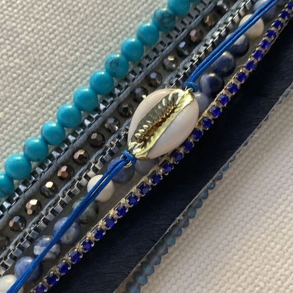 Victoria Emerson Boho Cuff Bracelet with Shell Accent and Turquoise Blue Beads - Picture 6 of 8